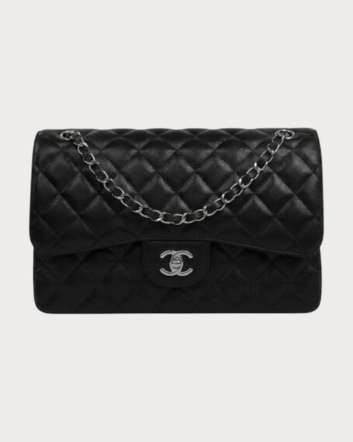 Chanel A58600 大号经典口盖包 粒纹小牛皮与银色金属 黑色